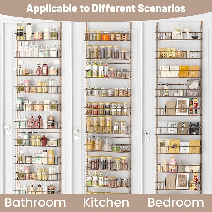 ElegantArray 10-Tier Pantry Door Oragnizer, Over The Door Pantry Organizer Rack and Storage, Hanging Spice Rack Shelves Door, Home Office Laundry Room Bathroom & Kitchen Organization, Brown