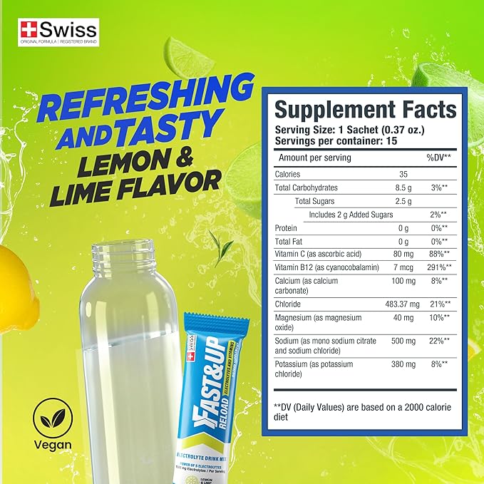 FAST&UP Reload – Lemon & Lime - Refreshing Electrolyte Drink Mix | Hydration Powder Packets | 1500 mg Electrolytes + Vitamins C & B12 | Easy to Open Single Serving Pack | 15 Servings