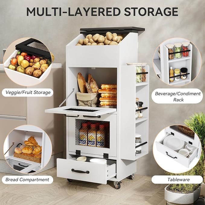 Verano Garden Potato and Onion Storage Bin on Wheels, Wood Bread Box with Lid & Mesh Doors, 4-Tier Rolling Fruit and Vegetable Storage Organizer w/Drawer & Side Rack for Kitchen (White, 16.0")