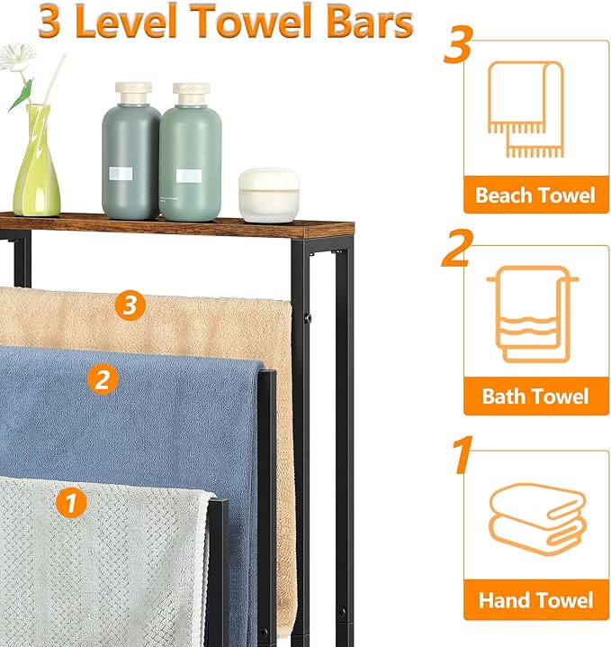 Bathroom Standing Towel Rack 3 Tier Metal Small Towel Holder Stand Farmhouse Blanket Ladder Holder with Storage Shelf for Bedroom Living Room, Black & Brown