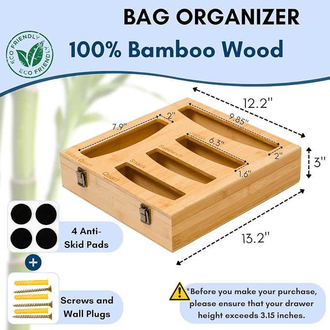 Storage Bag Holder, Baggie Organizer for Drawer or Wall Mount, Compatible with Gallon, Quart, Sandwich, Snack Size Bags, 1 Box 5 Slots, Bamboo Drawer Organizer, Baggie Holder