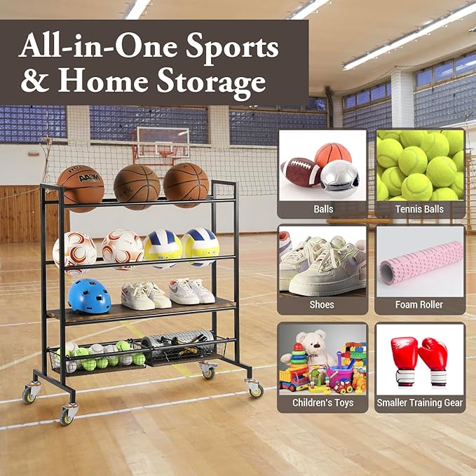 MyGift Sports Ball Organizer for Garage with Wheels, 4 Tier Large Heavy Duty Basketball Holder Stand, Black Metal Sports Equipment Storage Rack with Burnt Solid Wood Shelf, and 2 Basket Training Equip