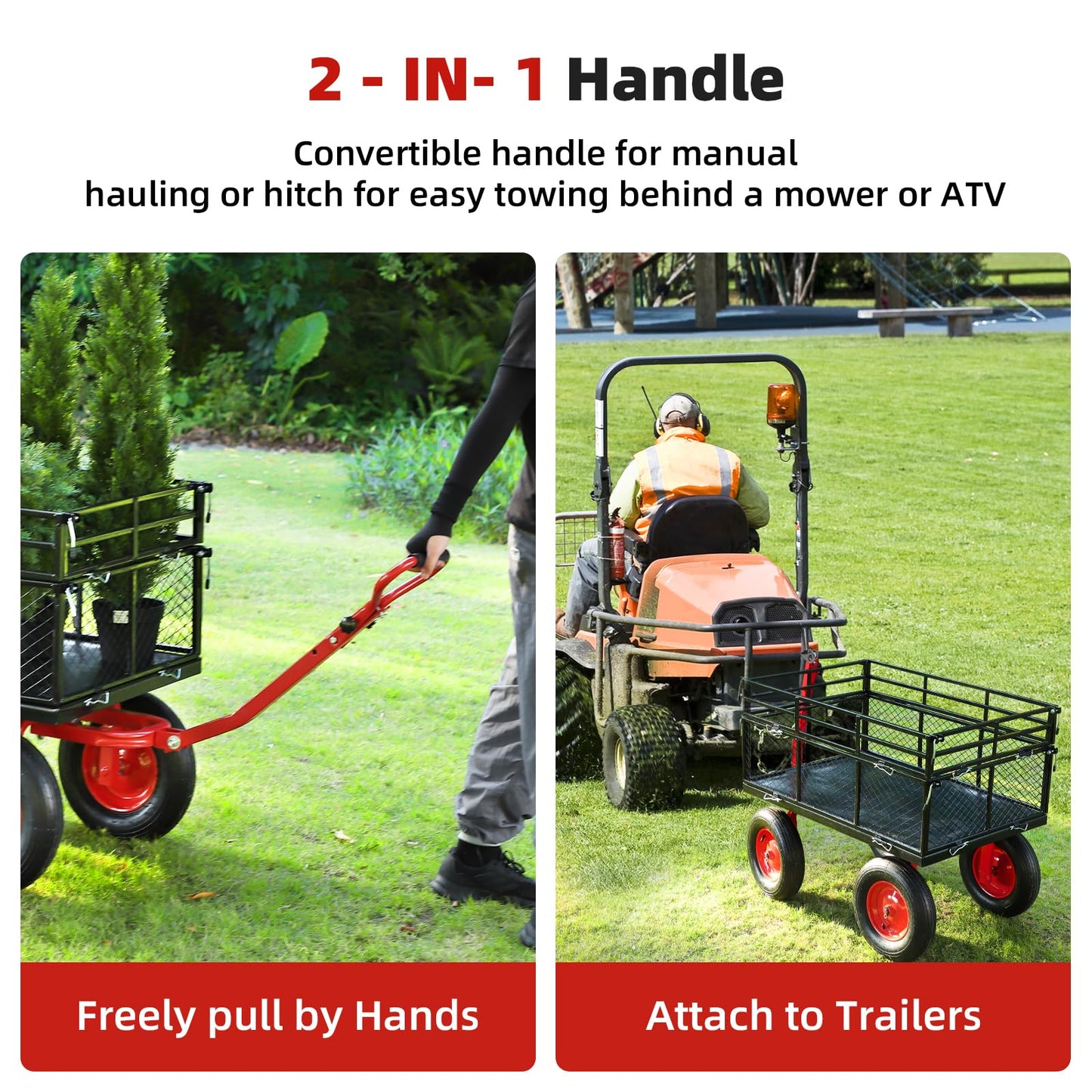 Garden Cart Steel Heavy Duty 1,400 LBS Yard and Garden Wagon with 16 Inch Tire and Adjustable Handle, Attach to ATV or Tractor, Black & Red