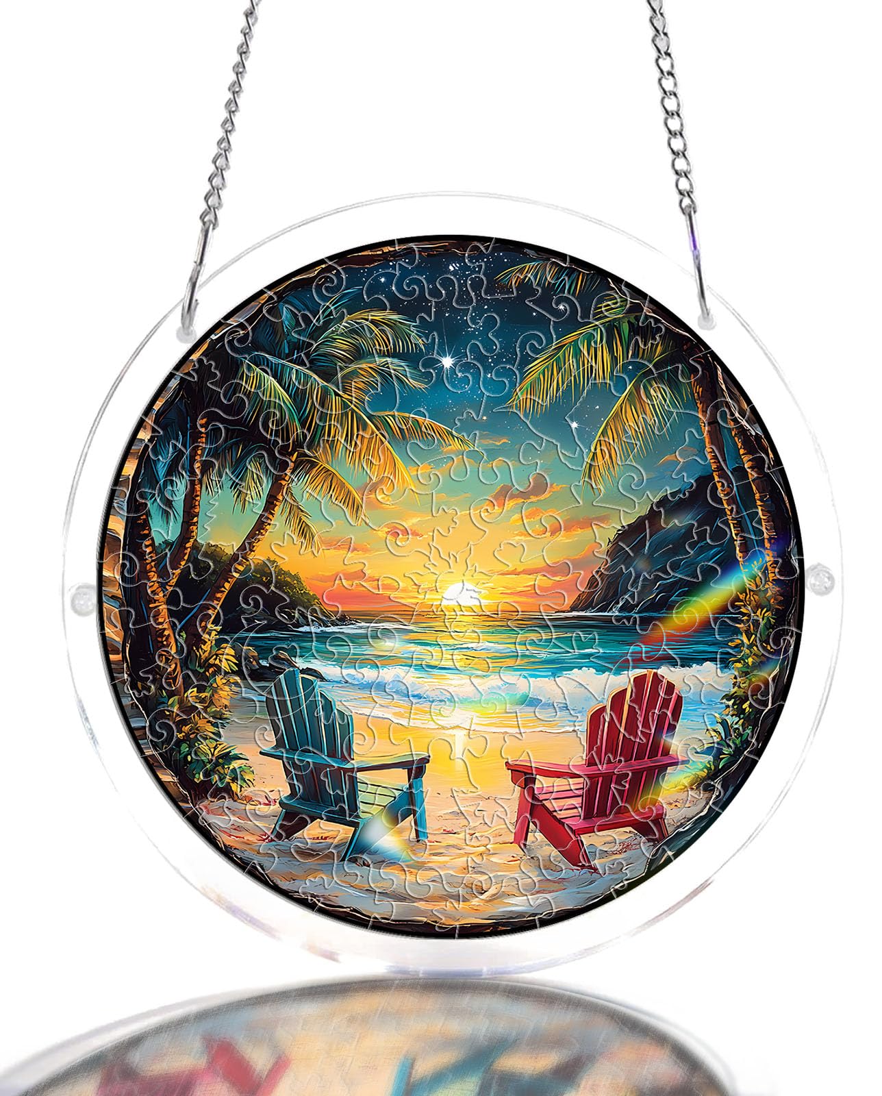 Acrylic Jigsaw Puzzle Suncatcher - Beach Sunset, Stained Glass Window Hanging, DIY Sun Catcher Kit Home Decor for Window Garden Hanging, Gift for Women, Mom, Friends (7.4 in)