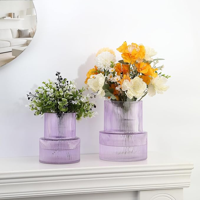 Ribbed Glass Vases for Bouquet, Set of 2 Purple Vases for Flowers, Purple Glass Vase for Tulips, Modern Vase for Living Room, Office, Coffe Table, Dining Table, Shelf, Wedding