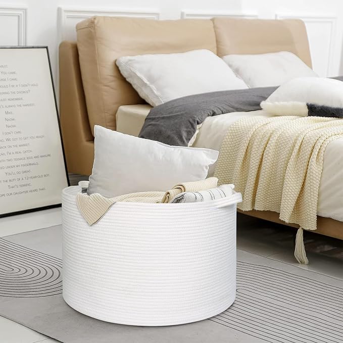 MEGASKET White Cotton Rope Storage Basket, 22" X 22" X 14" Extra Large Blanket Storage Living Room, XL Soft Toy Bin for Organizing, Woven Baby Laundry Basket with Handle, White Wicker Hamper Nursery