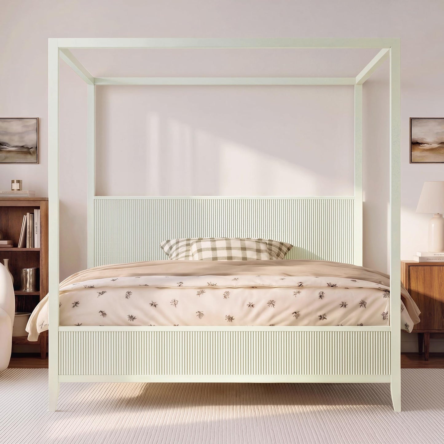 Merax Modern Luxury Queen Size Wooden Canopy Bed Frame with Headboard, Slats Support, Wood 4 Poster Bed Frame, No Box Spring Needed, Contemporary Bedroom Furniture, Beige