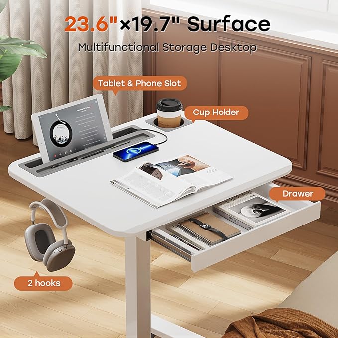 Small Mobile Standing Desk with Drawer, 23.6"x19.7" Rolling Laptop Cart on Wheels, Height Adjustable Sit Stand Computer Workstation with Storage for Compact Space, White