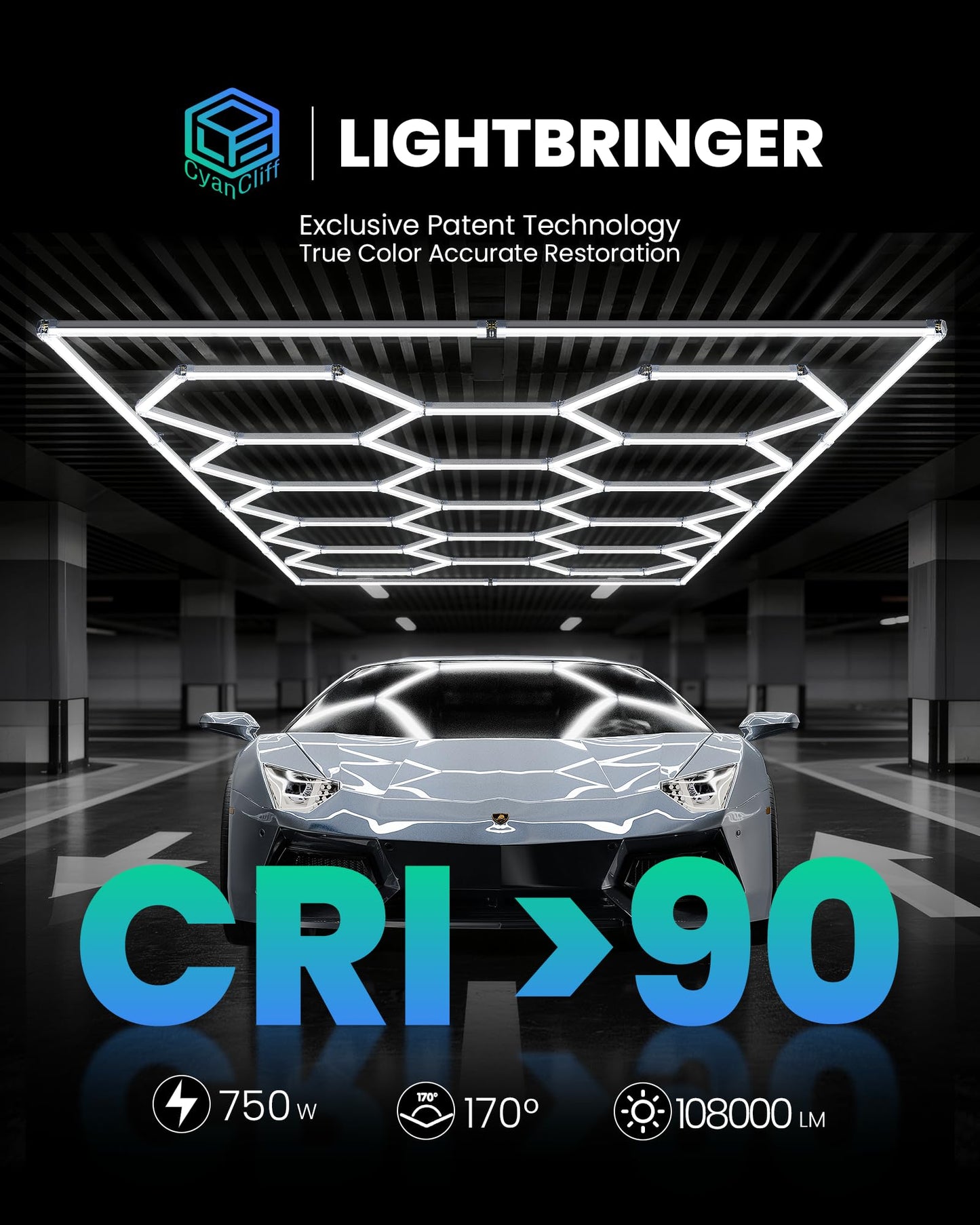 CyanCliff Updated Bigger Size 14 Grid Hexagon Garage LED Lights with Widen 1.33IN Illuminated Surface, 108000LM Led Lights System for Garage, Basement,Warehouse(White Edge) Patent No.US0D1109406S