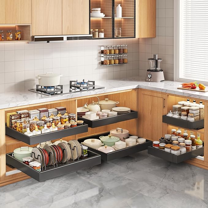 Seinloes 4Pack Expandable Pull Out Cabinet Organizer 21"Deep With Raising Pad for Framed Cabinets,Slide Out Drawers with 4pcs Divider Racks,Roll Out Shelves Adhesive,Adjustable Width 12.05"-20.4"Black