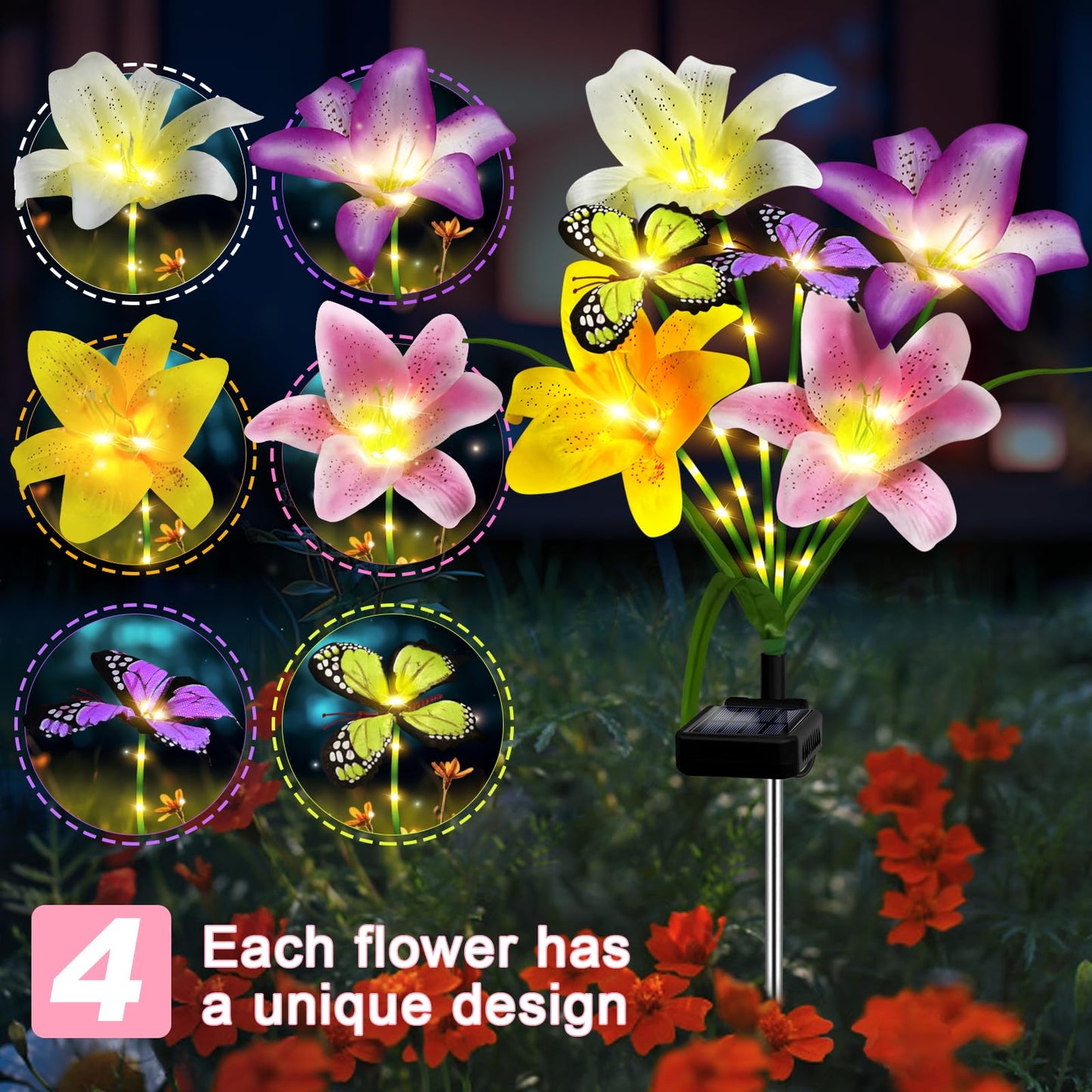 ostritec Solar Garden Lights Outdoor, 4 Pack Flower Lights for Outside, 16 Solar Lilies with Butterflies, Waterproof Garden Decor for Yard, Patio, Gifts for Women Mom (4 pcs Lilies)