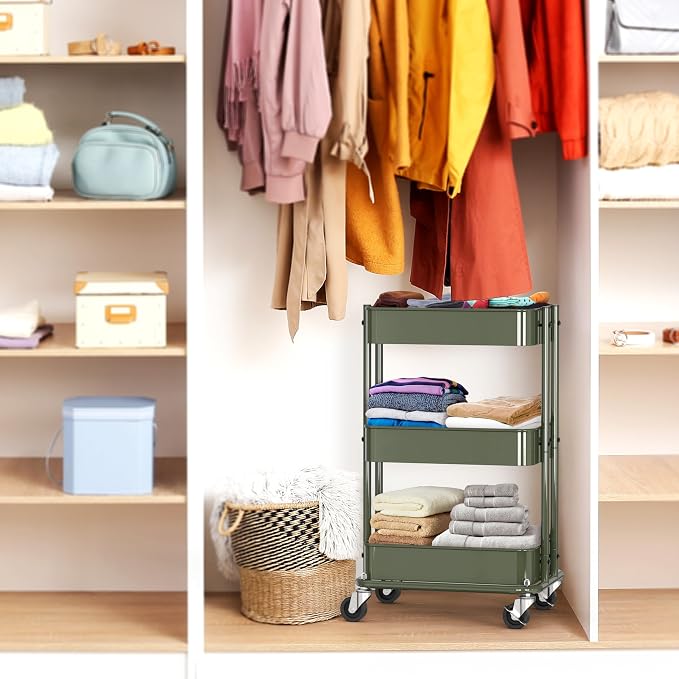 Simple Houseware 3-Tier Compact Utility Rolling Cart, Low 24” Height Fits Under Desk, Space-Saving Storage for Home Office, Dining Room, or Kitchen, Army Green