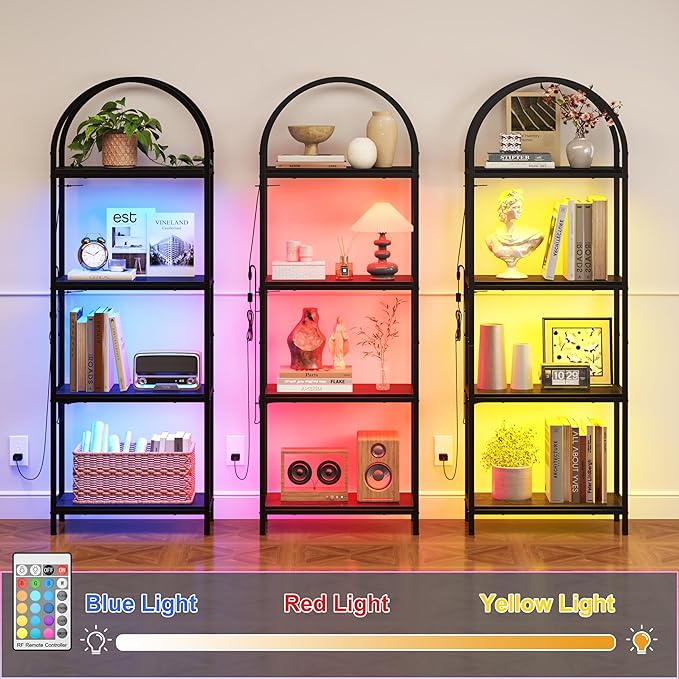 Yusong LED Bookshelf 4 Tier Arched Bookcase, 71.3" Tall Industrial Open Book Shelves for Living Room, Modern Freestanding Display Storage Rack with Metal Frame, Office, Bedroom, Black