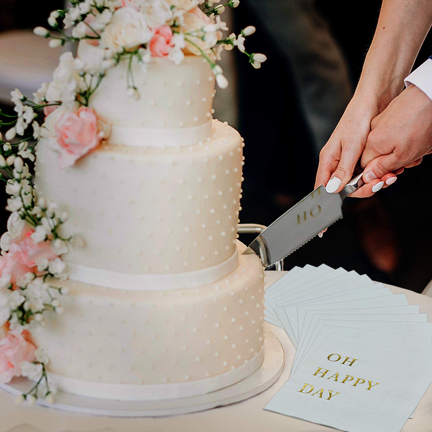 Oh Happy Day Cocktail Napkins - Gold Foil 3-Ply Disposable Napkins for Weddings, Engagements, Bridal Showers, Baby Showers, Birthdays, Anniversaries & Happy Celebrations