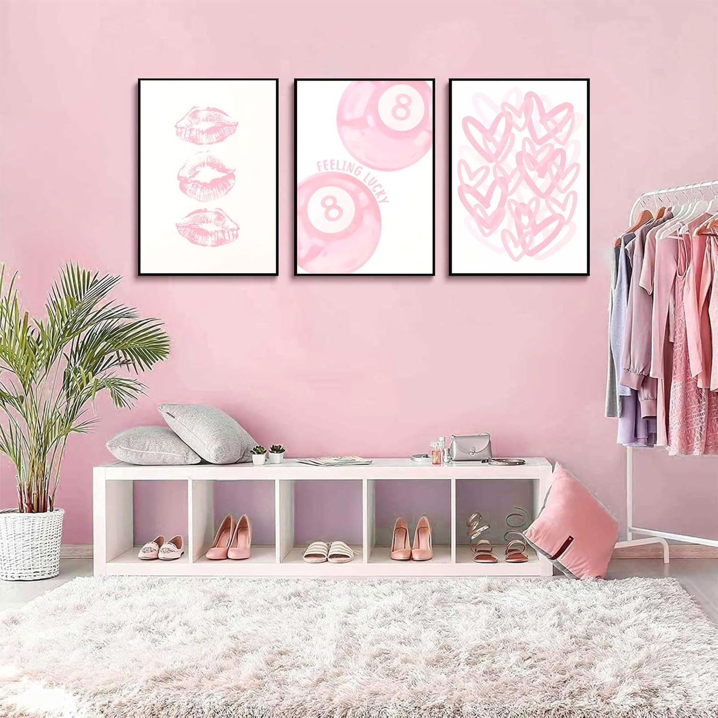 3Pcs Trendy Pink Preppy Canvas Wall Art Light Pink Cute Girly Lips Lucky 8 Ball Hearts Paintings Pictures Wall Decor Coquette Poster Printing Artwork for College Dorm Room Bedroom Home Decoration