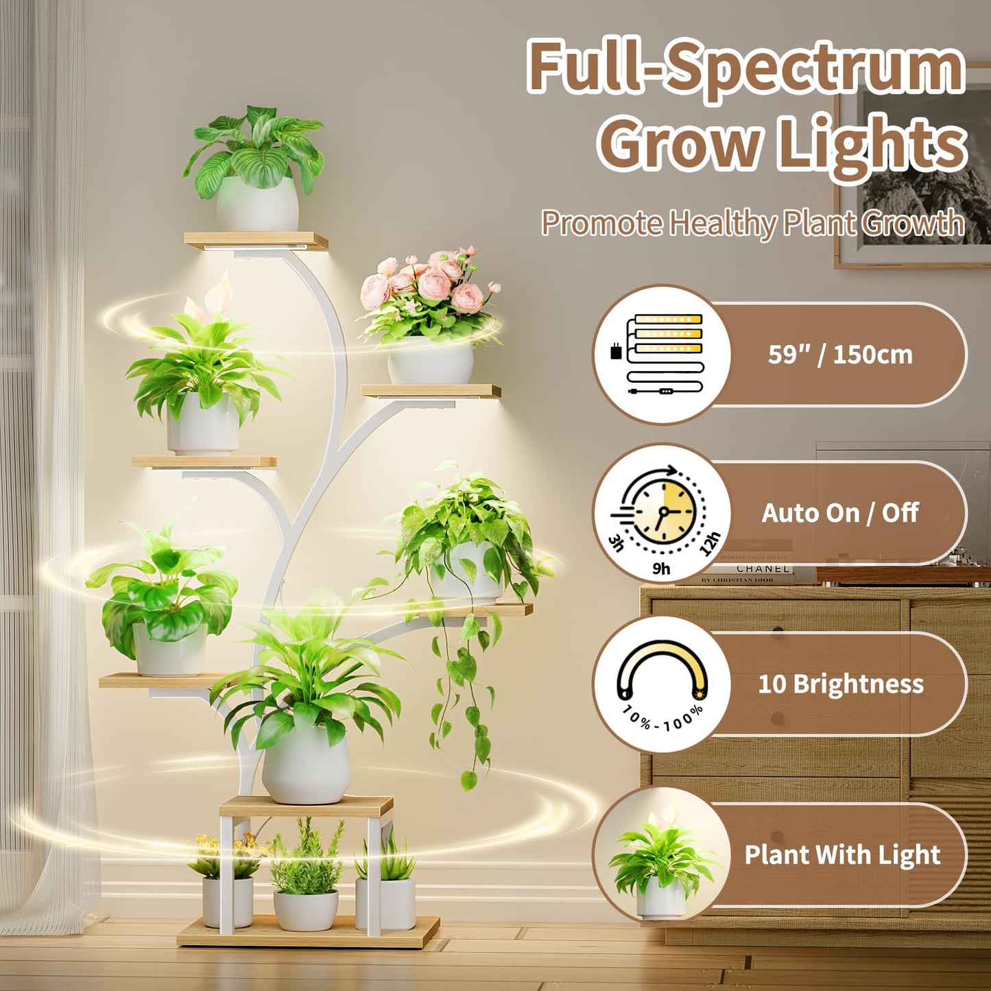 BACEKOLL Plant Stand Indoor with Grow Lights, 7 Tiered Indoor Plant Shelf, 49" Corner Plant Stands for Indoor Plants, Metal Plant Flower Display Shelf, Tree-Shaped Plant Rack for Home, Patio, Natural