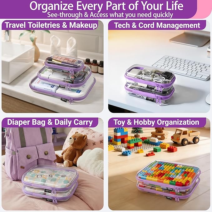 YQBRAO 4-Pack Clear Diaper Bag Organizer Pouches, 1.2mm Ultra-Thick PET Travel Pouches for Toiletries & Makeup, Rigid Self-Standing Bags with YKK Zippers, TSA Approved (Purple)