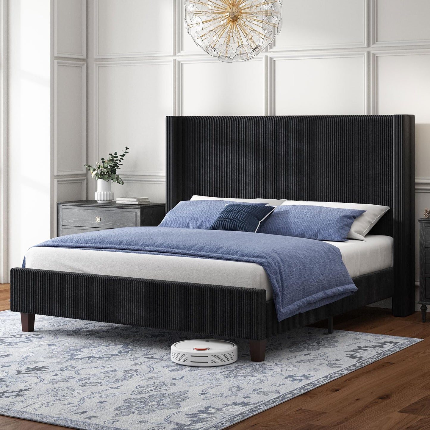 HOWE California King Bed Frame with 50.8" Tall Wingback Headboard, Modern Corduroy Upholstered Platform Bed Frame with Solid Wood Slats & Legs, No Box Spring Needed, Noise-Reducing Design, Black