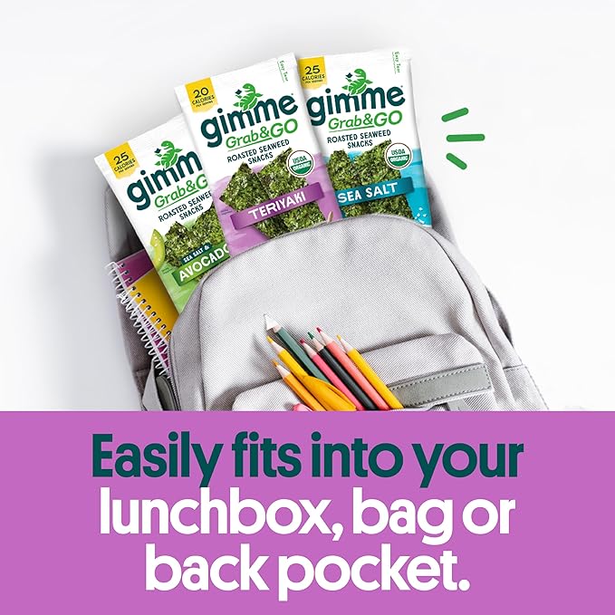 Gimme Seaweed Grab & Go Organic Premium Roasted Seaweed Snacks, Teriyaki, 5 Count Trayless, Keto, Vegan, Gluten-Free, Source of Omega3s and Iodine, Healthy On-The-Go Snack for Kids and Adults
