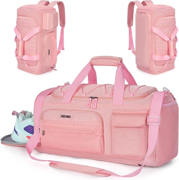 Gym Bag for Women & Men, Sports Travel Duffle Bag with Shoe Compartment, Anti-Theft Carry On Weekender Bag, Water Resistant Overnight Backpack for Airplane, Gym, Travel (Pink)