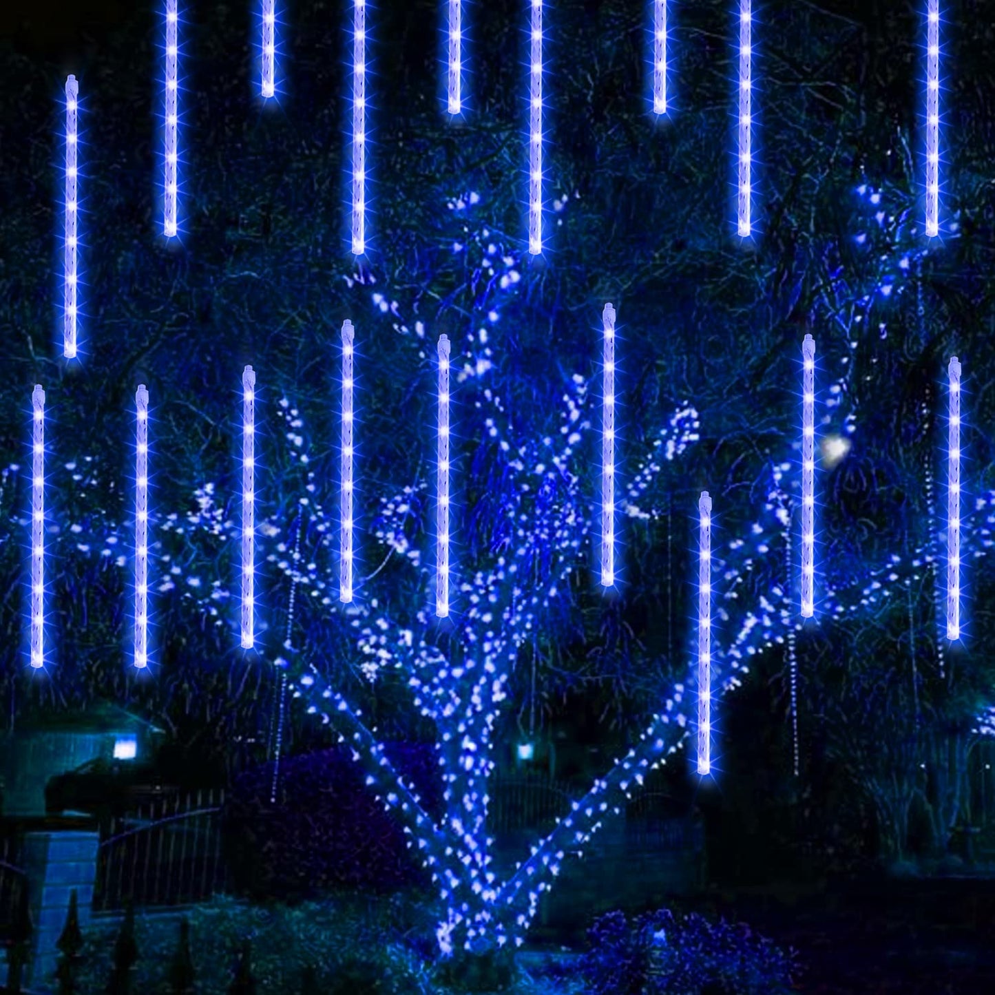 TW SHINE Christmas Lights Outdoor, 288 LED 12" 8 Tubes Meteor Shower Lights Outdoor Christmas Decorations Plug in, Waterproof Snow Falling Rain Icicle Xmas Light for Tree Decor, Blue