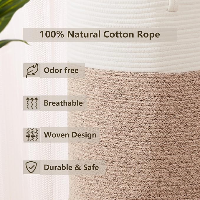 80L Extra Large Laundry Hamper Basket Tall Woven Rope Clothes Hamper Blanket Basket for Living Room Bathroom Bedroom Brown 16"L x 16"W x 22"H