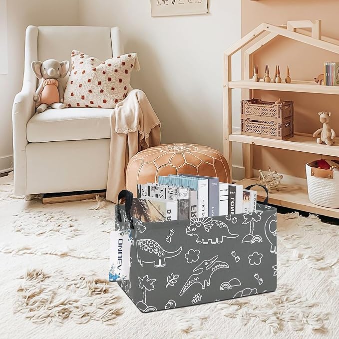 Rectangular Dinosaur Pattern Storage Bin, Decorative Canvas Laundry Basket with Dual Handles,Foldable Household Toy Organizer,Multipurpose Party Gift Basket for Bedroom Dorm(Gray Line Dinosaur)