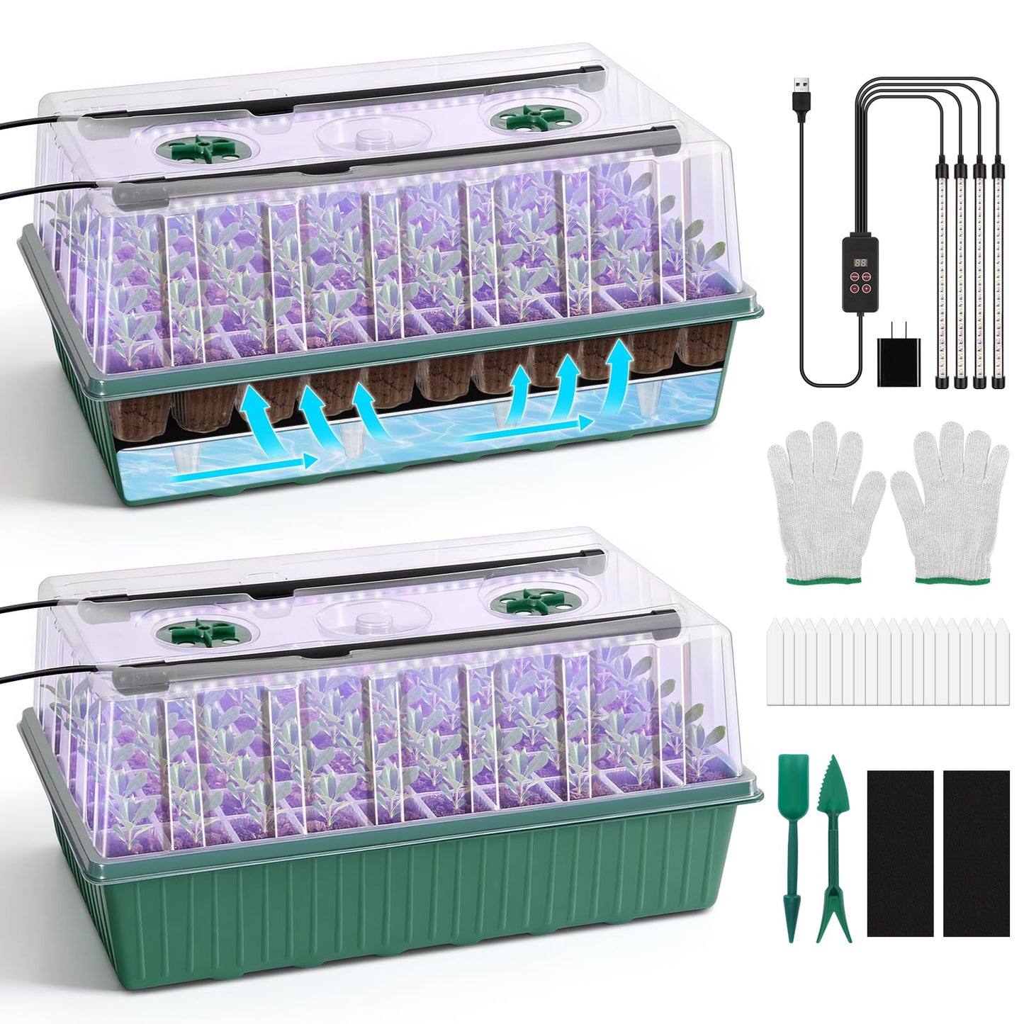 BlumWay 120-Cell Self-Watering Seed Starter Tray with Grow Light, 1-24H Timer, Seed Starter Kit with 4.02" Humidity Dome, Seedling Tray for Indoor Plant Starter, Plant Germination Trays-Green