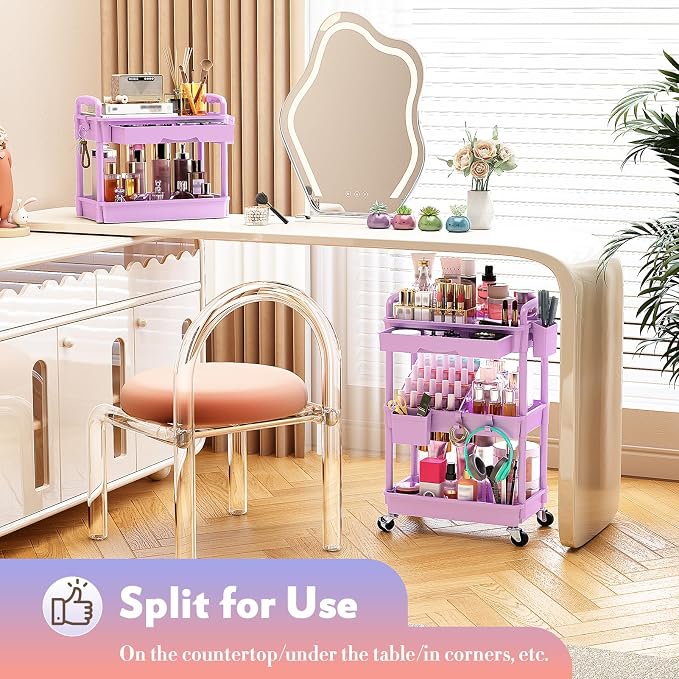 SUNALLY Makeup Cart Organizer with Drawers, Floor Skincare Organizers Vanity Storage Organizer, Rolling Makeup Bathroom Storage Cart Cosmetics Display Cases for Skin Care Perfume Nail Polish, Purple