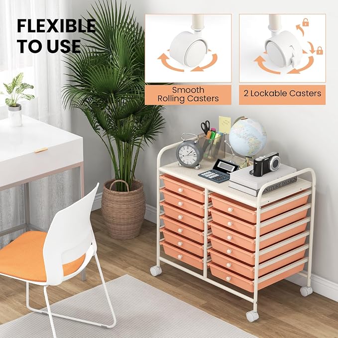 Giantex 12 Drawers Rolling Cart, Mobile Storage Drawer Cart, Classroom Organizer Cart for Office School Supplies Tools Scrapbook Paper Craft Small Printer, Utility Cart on Wheels, Peach Fuzz