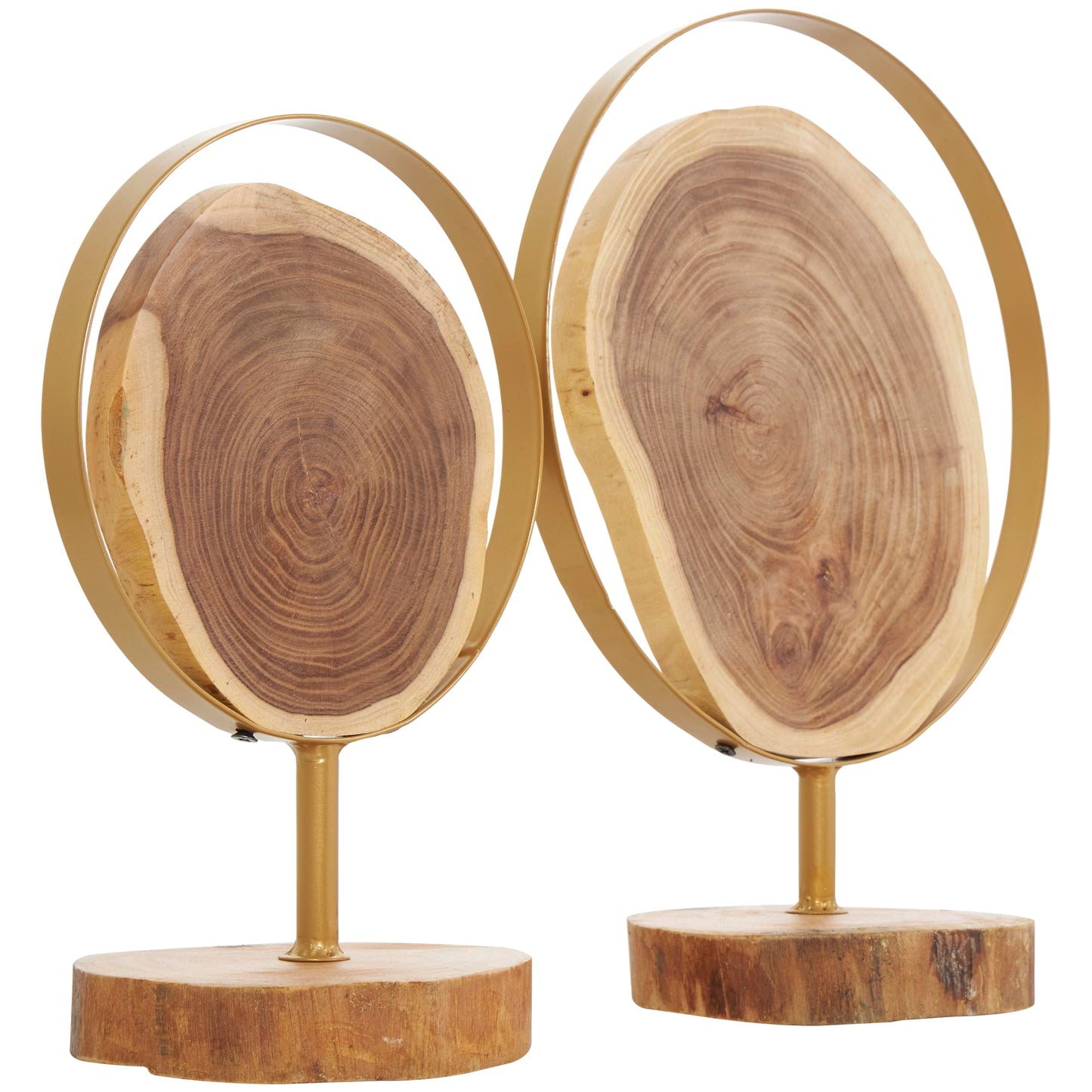 Deco 79 Wood Abstract Handmade Decorative Sculpture Live Edge Slab Home Decor Statues with Gold Metal Rings, Set of 2 Accent Figurines 14", 11"H, Brown