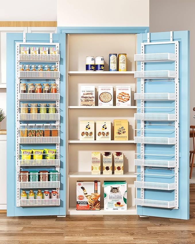 8 Tiers Over the Door Organizer - Height Adjustable Pantry Organizers and Storage with Dense Mesh Baskets, Anti-Swing Hanging Door Spice Rack for Kitchen Bathroom (White, 12.3"W x 4.7"D x 69"H)