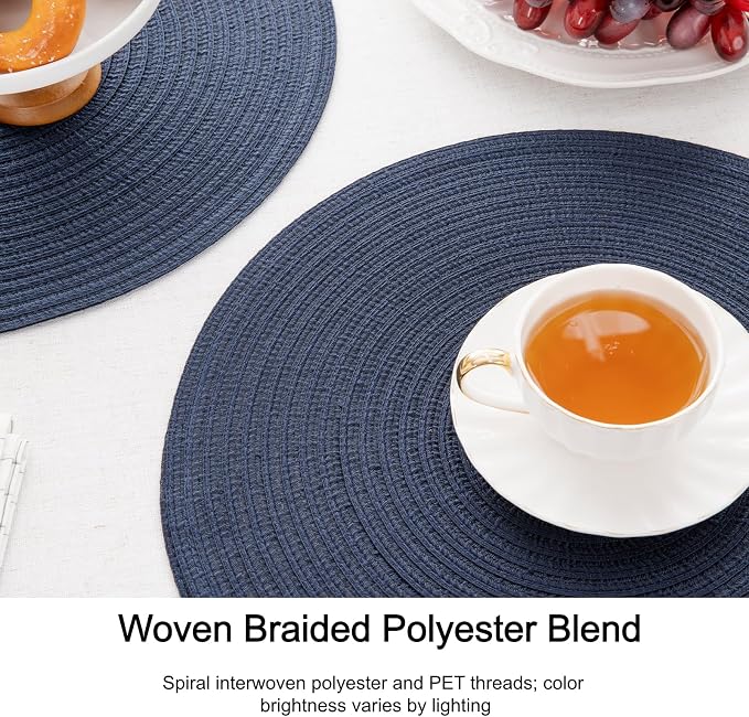 SHACOS Round Placemats Set of 6 Washable 15 inch Circle Polyester Woven Braided Place Mats for Dining Table Indoor Outdoor Table Mats Home Party Wedding Decor (Navy, 6)