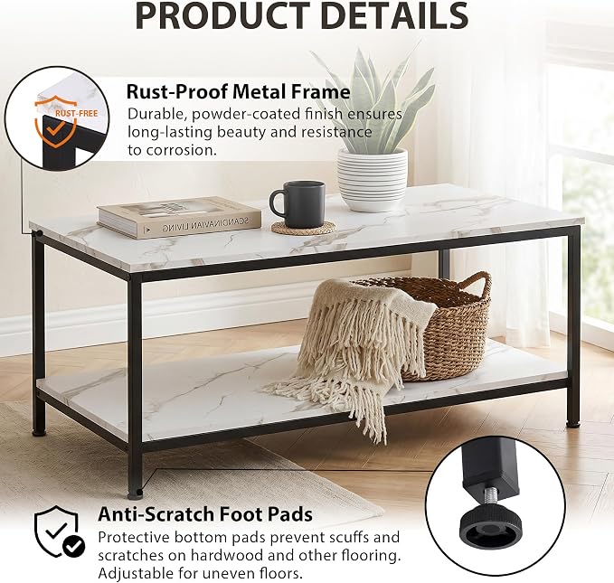 SUPER DEAL 2-Tier Coffee Table with Storage Shelf for Small Apartment Living Room, Rectangle Wood and Stable Metal TV Stand Side End Table, White Marble
