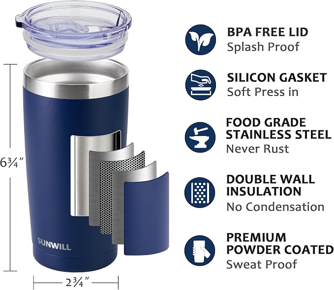 SUNWILL Travel Coffee Tumbler 20 oz, Insulated Mug with Lid, Stainless Steel Cup for Outdoor, Powder Coated Navy