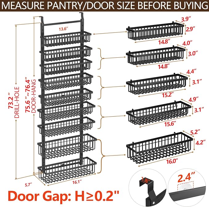 POKIPO 9 Tier Over The Door Pantry Organizer, 2 in 1 Wall Mount or Hanging Spice Rack with Adjustable Deep Basket, Heavy-Duty Seasoning Organizer and Storage for Kitchen Cabinet Closet Bathroom