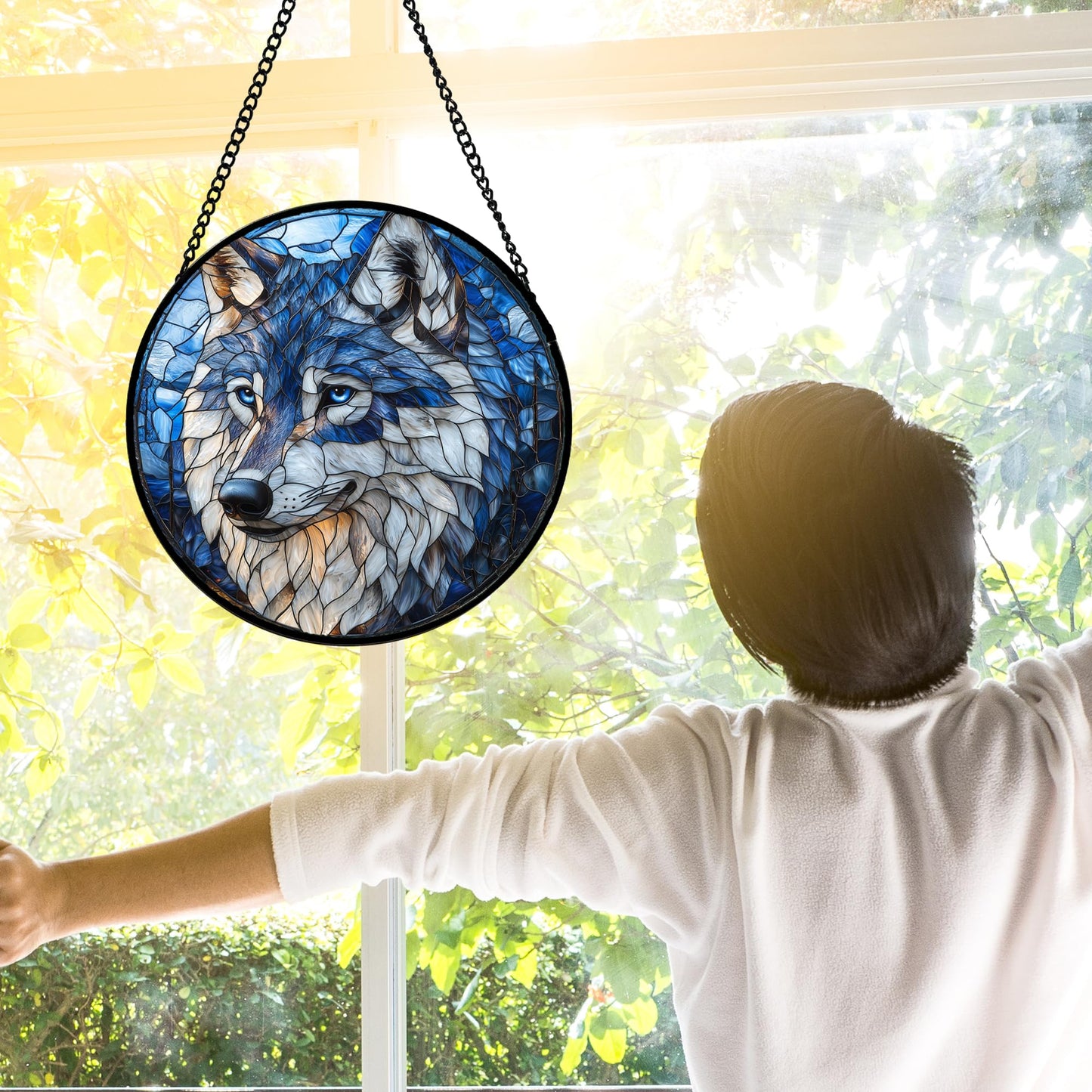 DASTOLL Stained Glass Window Hanging - Funny Wolf Suncatcher Ready to Hang Window Doors Home Decoration and Christmas, Mother's Day Birthday Gifts for Women, Men, and Mom 9.8x9.8 in