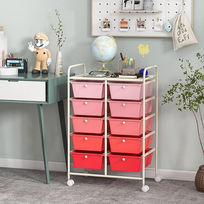 Giantex 10 Drawers Rolling Cart, Classroom Organizers, Storage Cart with Wheels, for Teacher Office Home School Supplies Tool Craft Art Paper, Pink Gradient