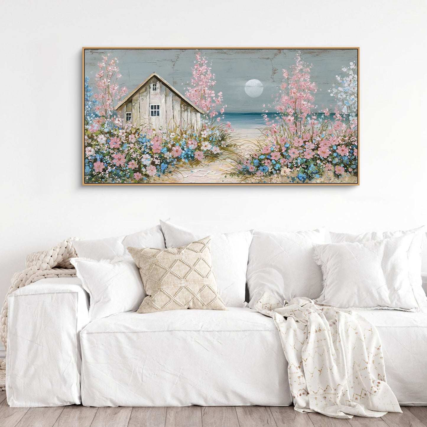 yiijeah Beach Wall Art Large Landscape Canvas Coastal Pink Picture Horizontal Artwork for Walls Ocean Prints Big Paintings Living Room Bedroom Office Home Decor 48x24 Inches