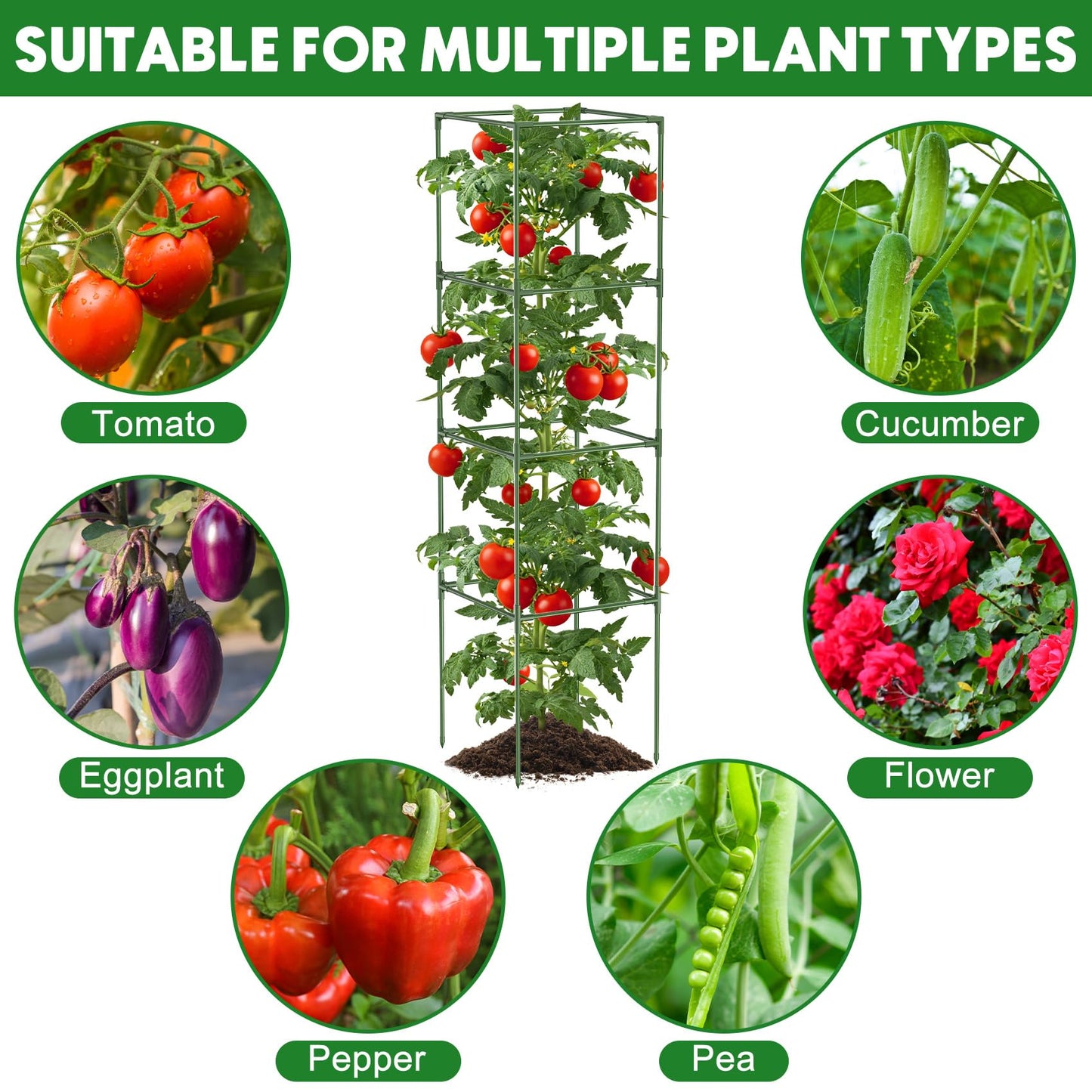 Unves 3 Pack Tomato Cage for Garden, 16" W x 66" H Square Tomato Trellis Plant Support Frame with 50 Pcs Plant Clips, Suitable for Climbing Vegetables, Flowers, and Fruits