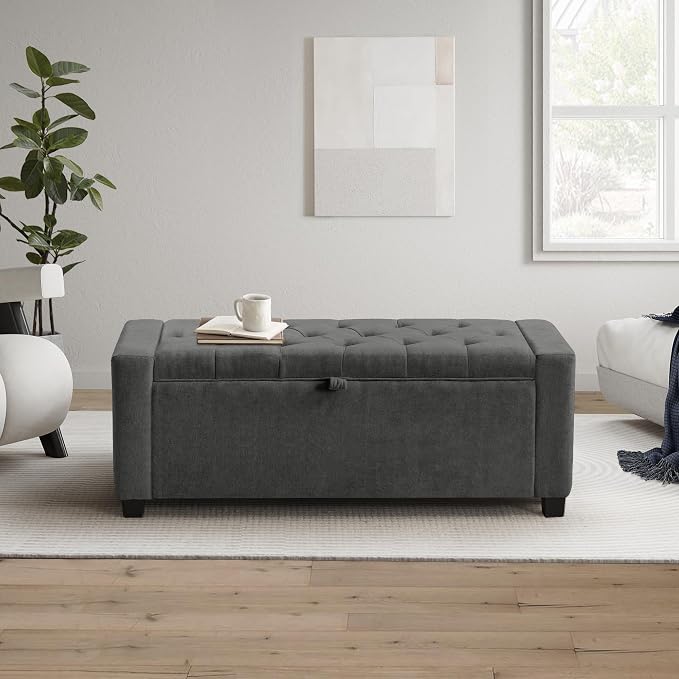 GRAINELL Storage Ottoman Bench, Upholstered Tufted Bedroom Bench with Storage, End of Bed Storage Bench for Living Room & Entryway, 350 lb Capacity, Linen Dark Gray