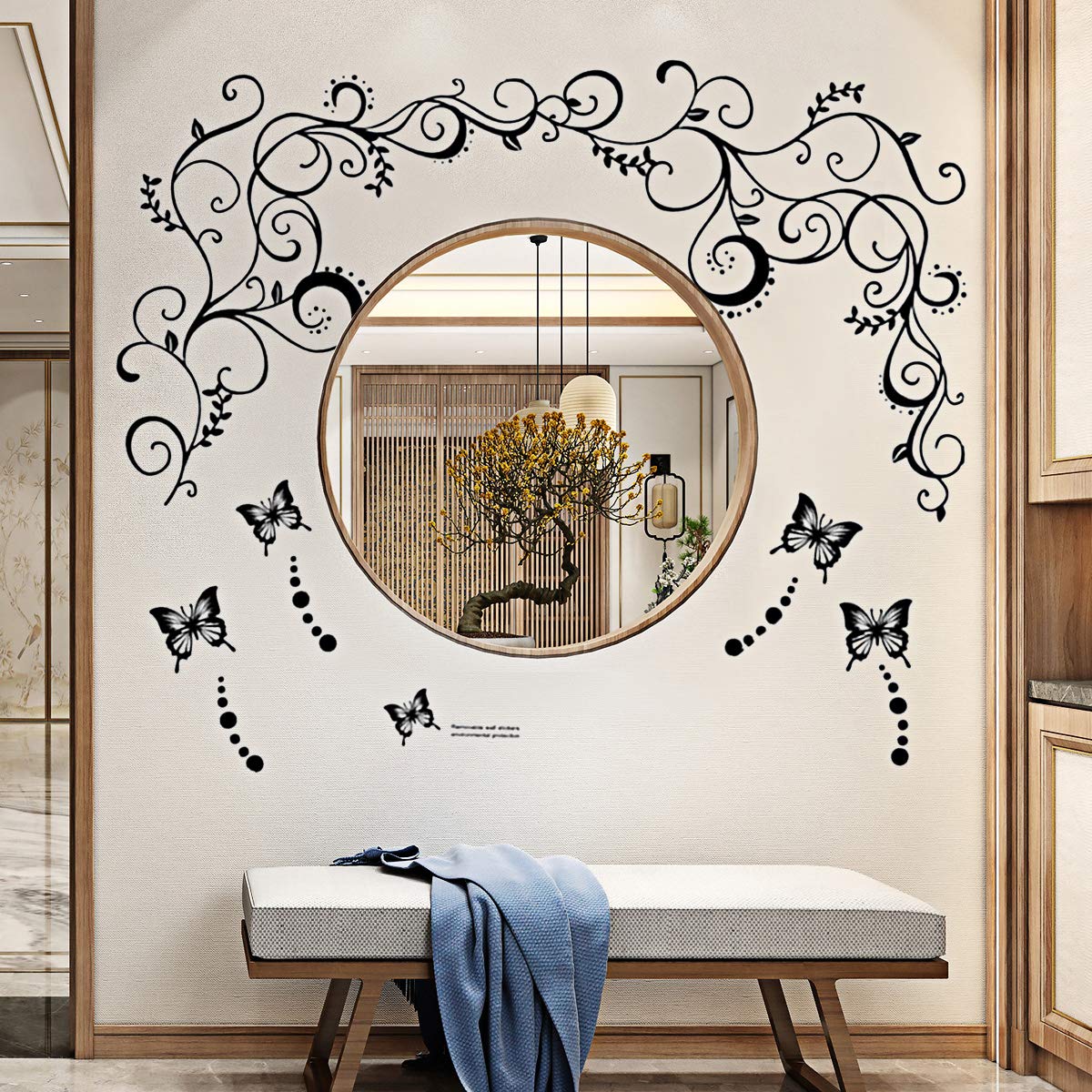 Hot Fashion Removable Vinyl DIY Black Nursery Flowers Vine and Beautiful Butterfly Wall Corner Decals Wall Sticker Murals Home Art Decor for Girls Kids Bedroom Living Room Home Decorations