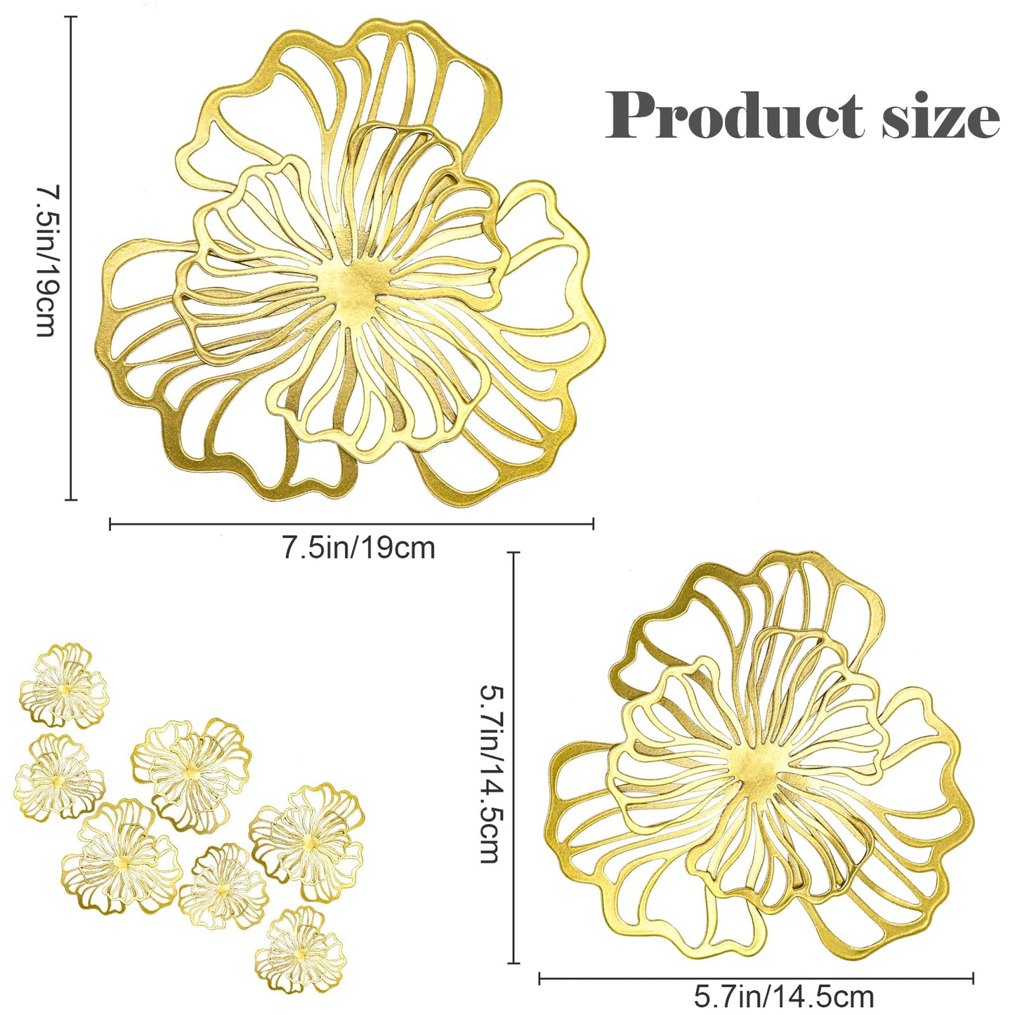 7 Piece Metal Wall Decor for Living Room, Boho Double Layered Iron Flower Wall Hanging Art, Aesthetic Indoor Metal Wall Sculpture Decor for Bedroom Kitchen Bathroom Farmhouse Home Office, Gold-Black