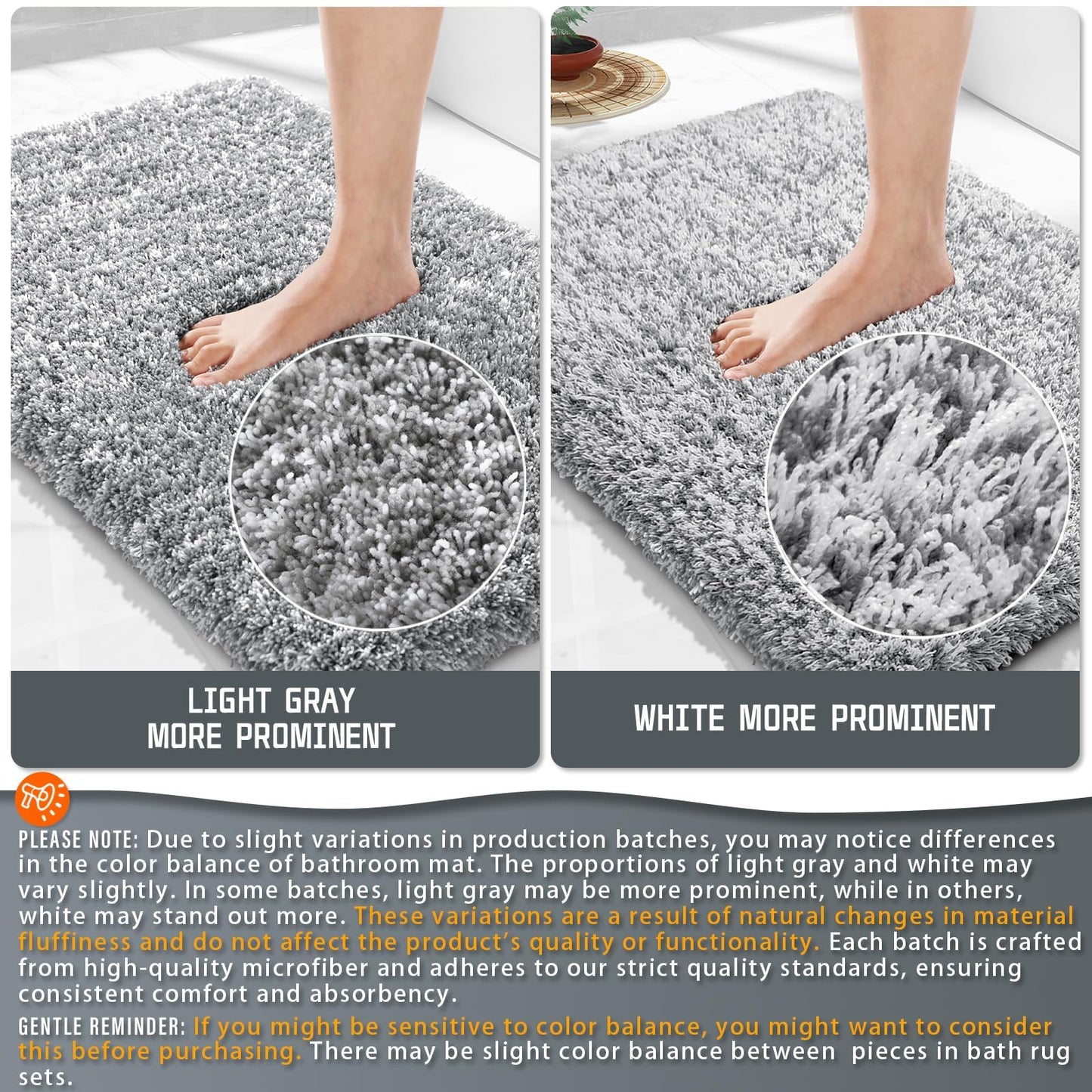 Yimobra Bathroom Rugs Non Slip Washable, Ultra Soft and Water Absorbent Bath Mats, Fluffy Shower Mat Outside, Plush Matts for Bathroom Floor/Sink, 24x17, Home Decor Accessories, Light Gray and White