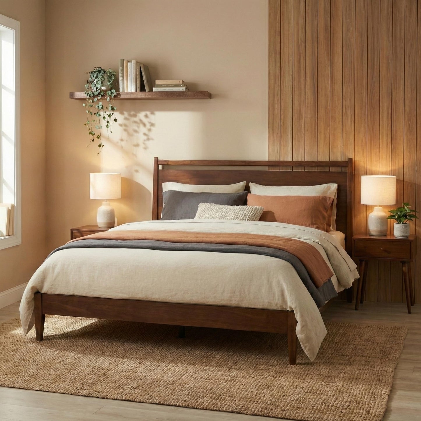 NTC Adept Wooden Bed Frame with Headboard, Crafted from Walnut, Rubber Wood with Silent Slats and Wood Central Supports, 1000 Lb Capacity, Effortless Assembly, Queen - Dark Walnut