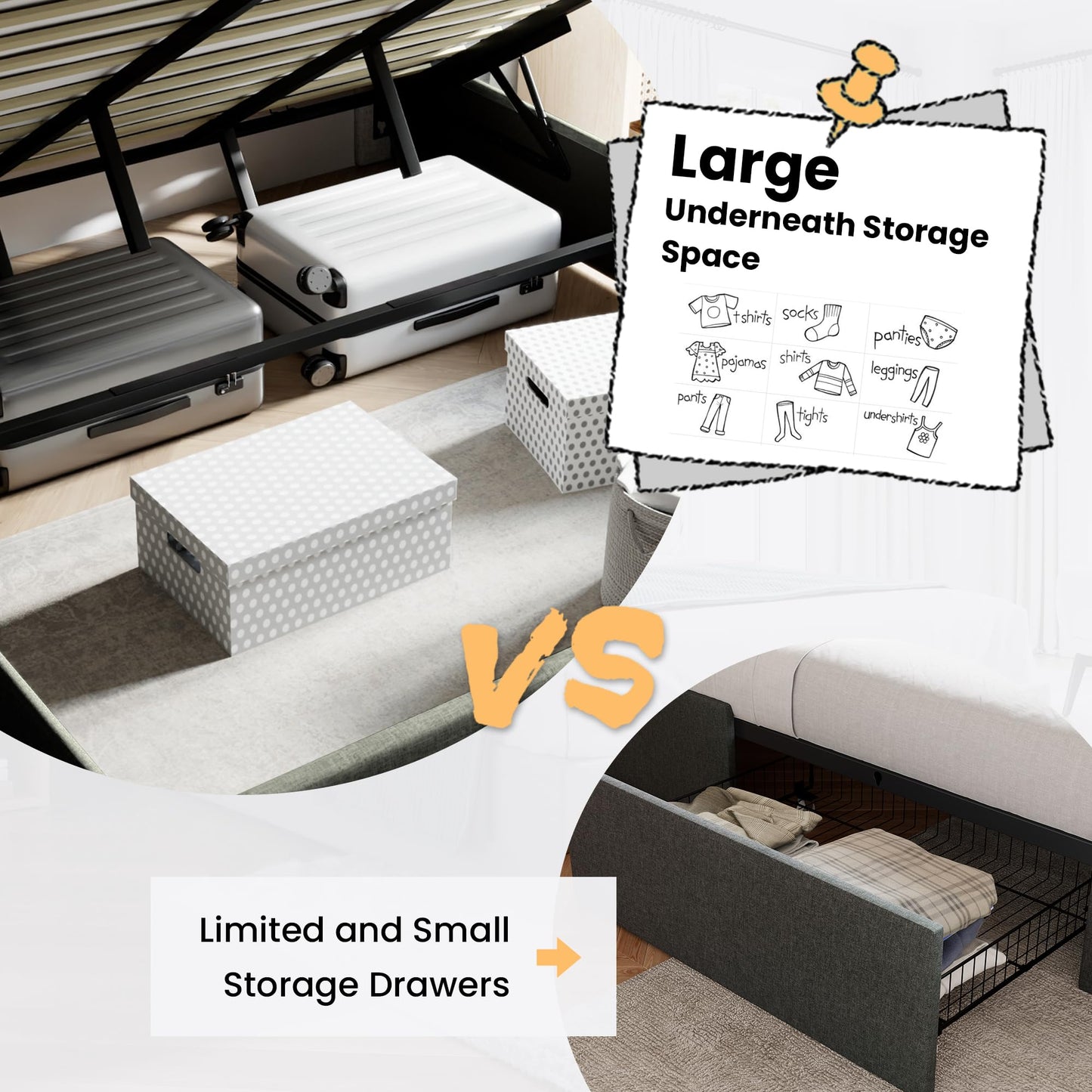 SHA CERLIN Queen Size Lift Up Storage Bed/Modern Wingback Headboard/Upholstered Platform Bed Frame/Hydraulic Storage/No Box Spring Needed/Wood Slats Support/Dark Grey