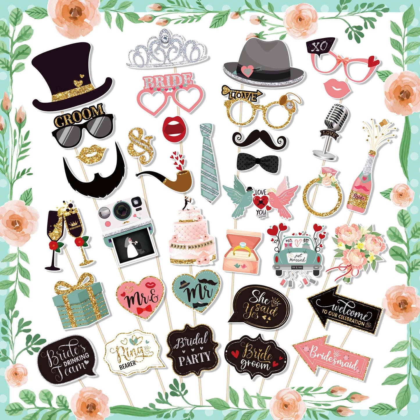 36 PCS Wedding Photo Booth Props Party Supplies Selfie SignsHoliday Picture Decorations Photo Booth Props for Weeding Party Favors Pose Sign Kit Fun for Party