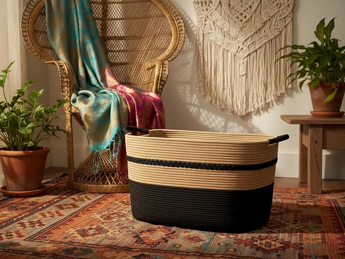 Extra large laundry basket woven from natural cotton rope with handles storage blankets for living rome big decorative quilted baskets for clothes toys pillows hamper 24"x16"x14" black
