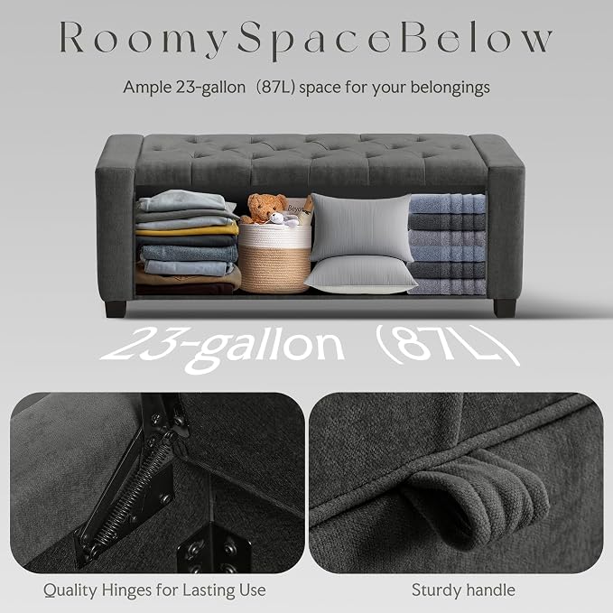 GRAINELL Storage Ottoman Bench, Upholstered Tufted Bedroom Bench with Storage, End of Bed Storage Bench for Living Room & Entryway, 350 lb Capacity, Linen Dark Gray