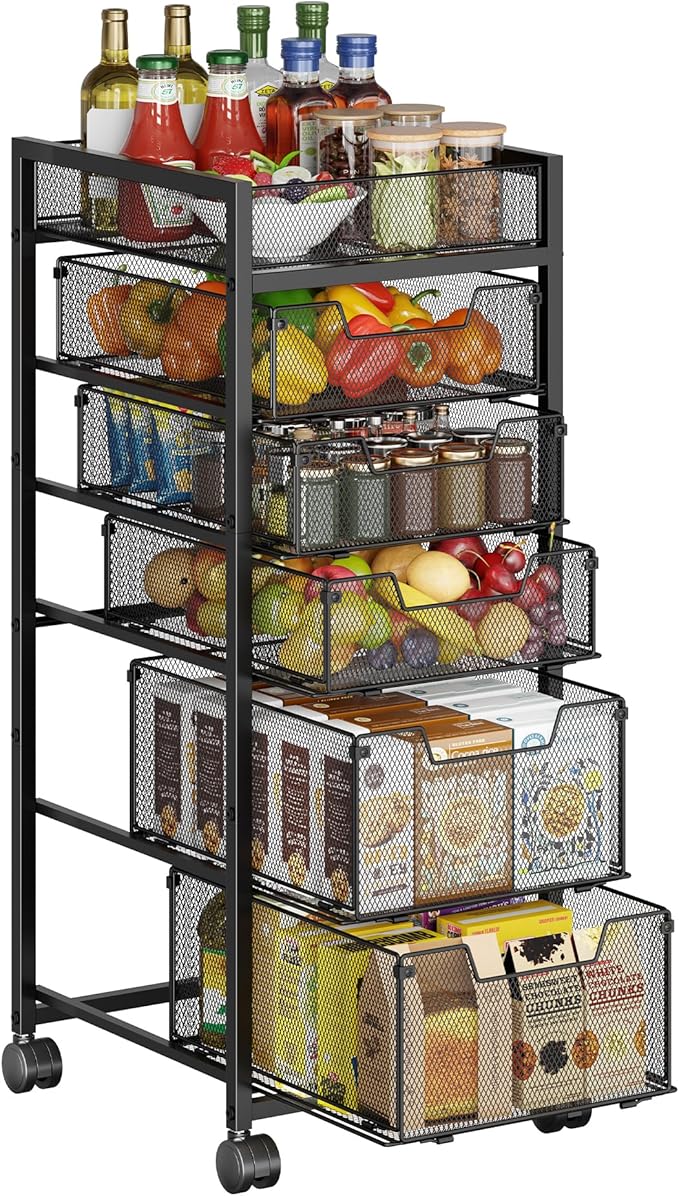 keomaisyto 6-Tier Kitchen Storage Cart with Top Basket & Drawers, Utility Fruit Vegetable Storage Rack on Lockable Wheels, Metal Rolling Snack Cart, Kitchen Organization for Potatoe Onion Can Spice